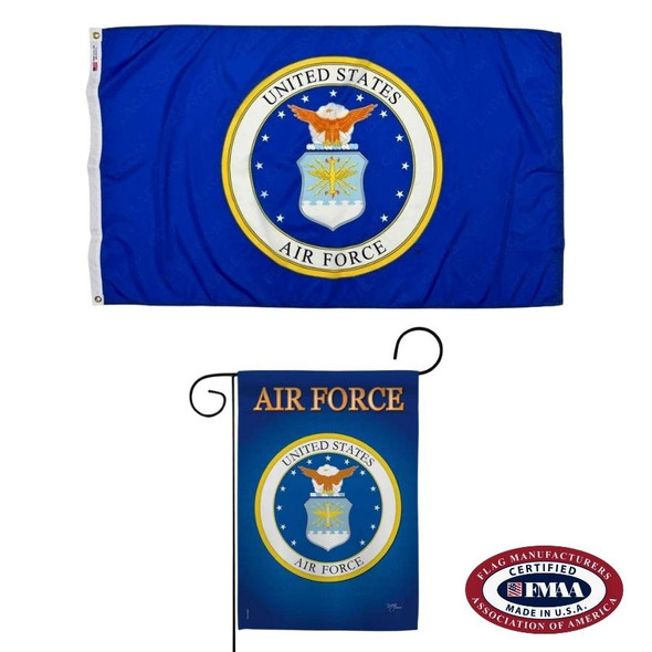 Our Air Force flag bundle includes the full-size outdoor flag above and the garden flag below. FMAA Made in America Certified Seal.