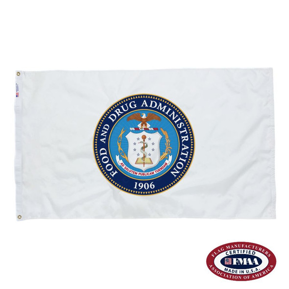 The FDA flag is white with a seal in the center depicting a snake coiled around a staff on a white shield, with a bald eagle above.