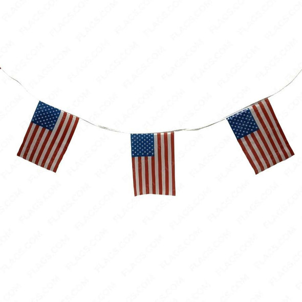 Three American flag vinyl pennants hanging vertically on a white rope.