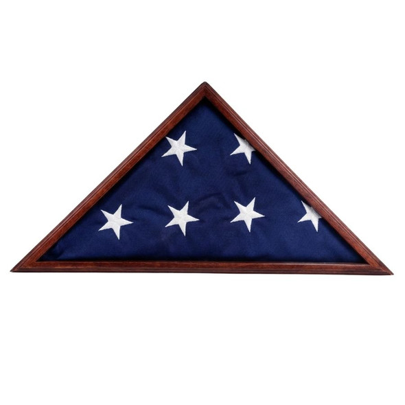 Wooden flag display case with a cherry finish, holding a folded American flag inside.