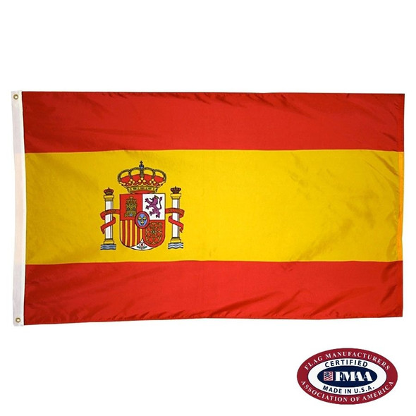 The Spain flag has 3 horizontal stripes of red, a wider yellow stripe, & red. On the left is the national coat of arms. FMAA Certified Made in America seal.