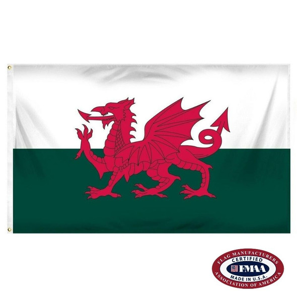 The Welsh flag has a red dragon facing to the left on a background consisting of two horizontal white and green stripes. FMAA Certified Made in America seal.