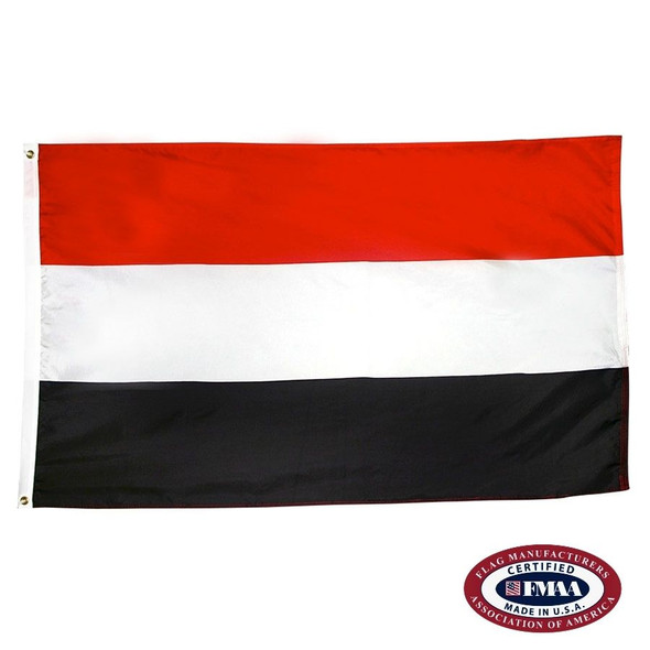 The Yemen flag is a horizontal red, white, and black tricolor. FMAA Certified Made in America seal.