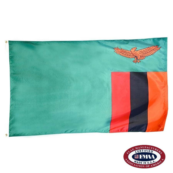 The Zambia flag is green with 3 vertical red, black, and orange stripes in the bottom right corner with an orange eagle above. FMAA Certified Made in America seal.