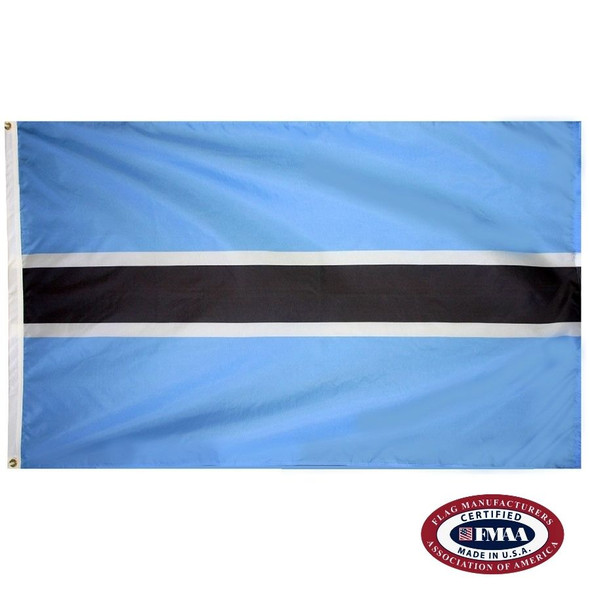 The Botswana flag has 5 horizontal stripes, with 2 thick blue stripes on the outside & a black stripe with 2 thin white ones in the center. FMAA Certified Made in America seal.