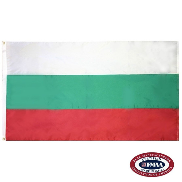 The Bulgarian flag is a white, green, and red horizontal tricolor. FMAA Certified Made in America seal.