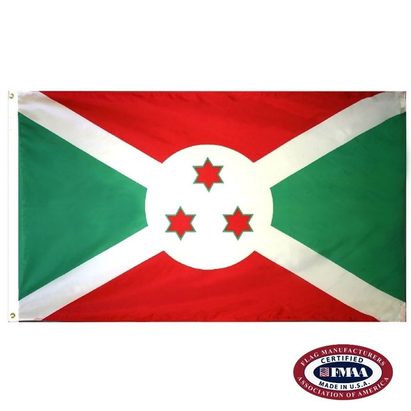 The Burundi flag is a white saltire with red and green fields. In the center is a white circle with 3 red 6-pointed stars. FMAA Certified Made in America seal.