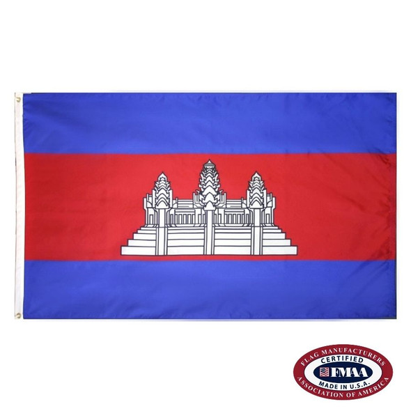 The Cambodia flag is a blue, red & blue tricolor with a wider red stripe. In the center is a black-and-white drawing of Angkor Wat. FMAA Certified Made in America seal.