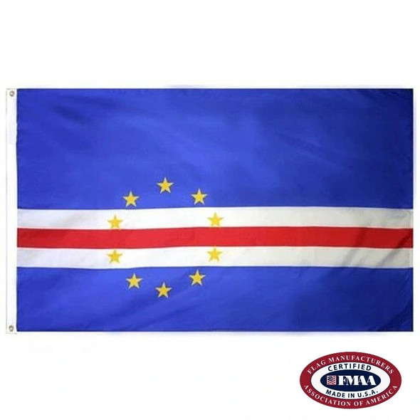 The Cape Verde flag is dark blue with three white and red stripes on the lower half, with a circle on top of 10 yellow stars. FMAA Certified Made in America seal.
