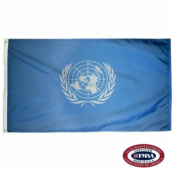 The UN flag is light blue with a white emblem in the center depicting a top-down map of the world encircled by laurel branches. FMAA Certified Made in America seal.