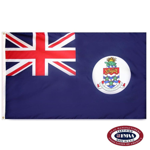 The blue Cayman Islands flag has a Union Jack in the canton and a coat of arms on the right depicting a turtle and shield. FMAA Certified Made in America seal.