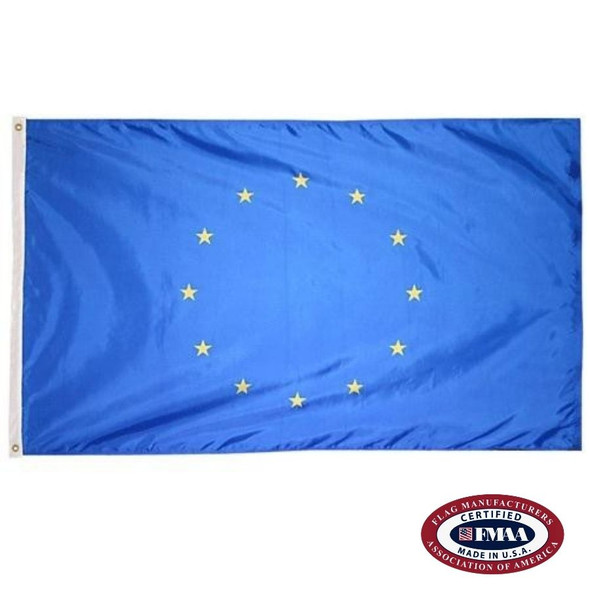 The EU flag is dark blue with a large circle of 12 gold 5-pointed stars in the center. FMAA Certified Made in America seal.
