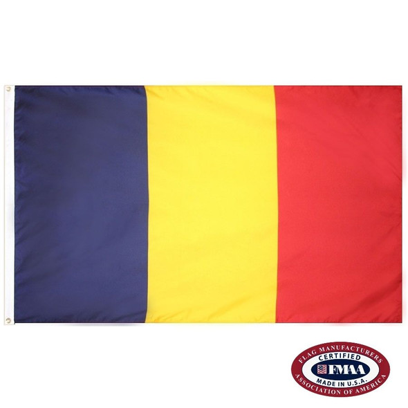 The Chad flag is a vertical blue, yellow, and red tricolor. FMAA Certified Made in America seal.