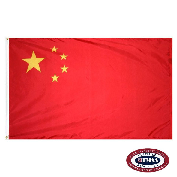 The red China flag has one large and four smaller gold stars in the canton, with the large star on the left. FMAA Certified Made in America seal.