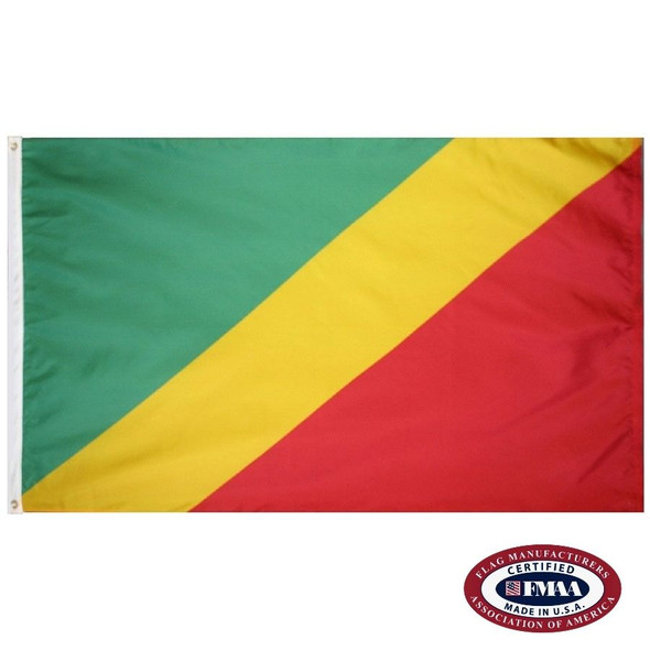 The Congo Republic flag has a broad diagonal yellow line from the lower left to the upper right, separating fields of green and red. FMAA Certified Made in America seal.