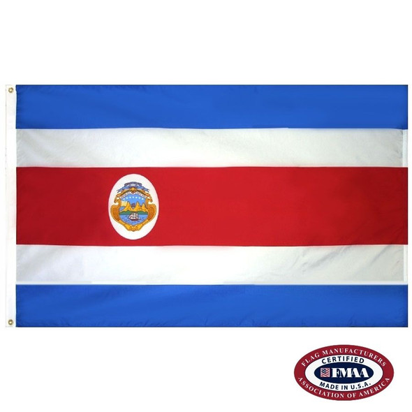 The Costa Rica flag has 5 horizontal stripes of blue, white, red, white, and blue. On the wider red stripe is the national seal. FMAA Certified Made in America seal.