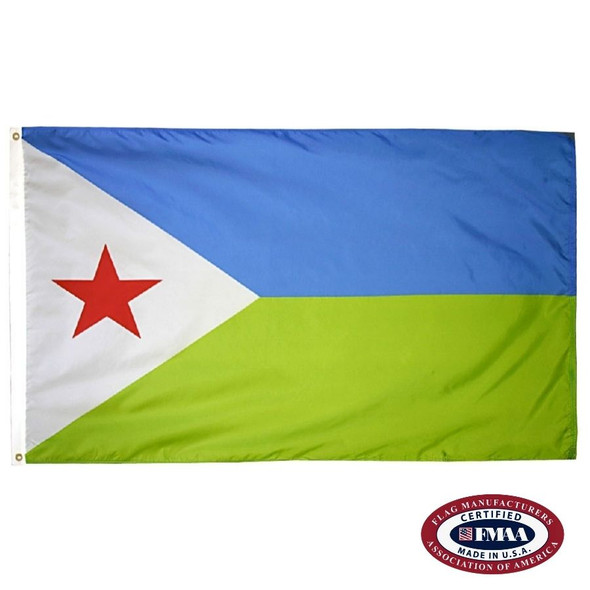 The Djibouti flag has 2 blue and green horizontal stripes. On the left is a white triangle pointing right, with a red star in the center. FMAA Certified Made in America seal.