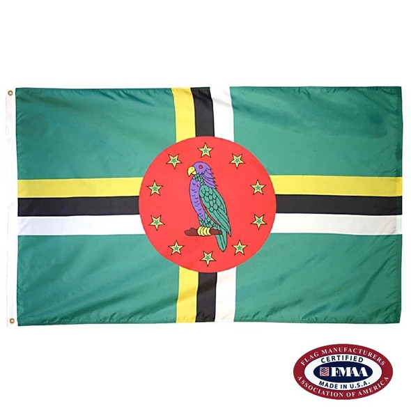 The Dominica flag is green with horizontal & vertical yellow, black & white stripes. In the center is a red circle with a purple parrot. FMAA Certified Made in America seal.