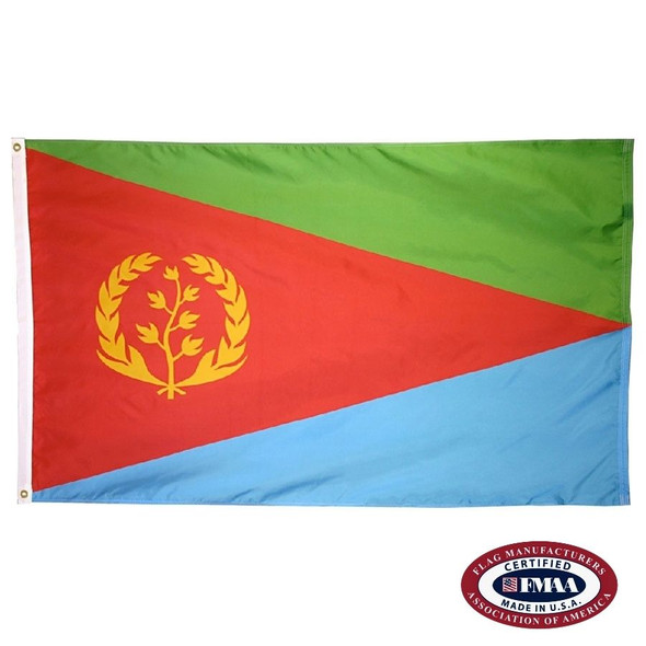 The Eritrea flag has a triangular green, red, and blue design with a gold olive branch encircled by a wreath on the left. FMAA Certified Made in America seal.