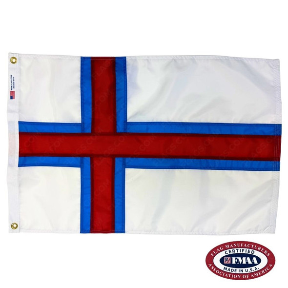 The Faroe Islands flag is white with a red Nordic cross outlined in blue and pointing to the left. FMAA Certified Made in America seal.