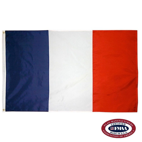 The France flag is a vertical blue, white, and red tricolor. FMAA Certified Made in America seal.