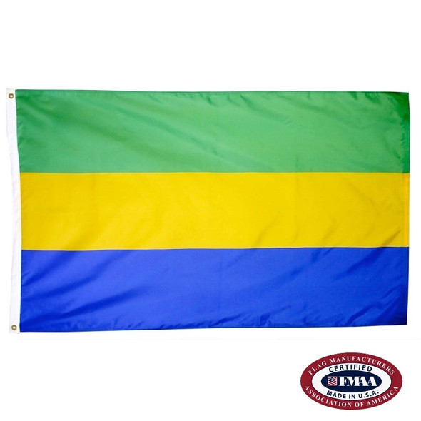 The Gabon flag is a horizontal green, white, and blue tricolor. FMAA Certified Made in America seal.