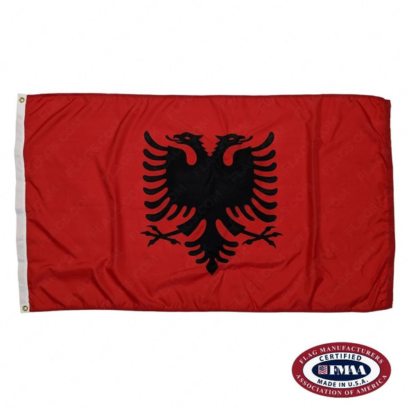 The red Albania flag has a large, black, double-headed eagle in the center, with its wings outstretched. FMAA Certified Made in America seal.