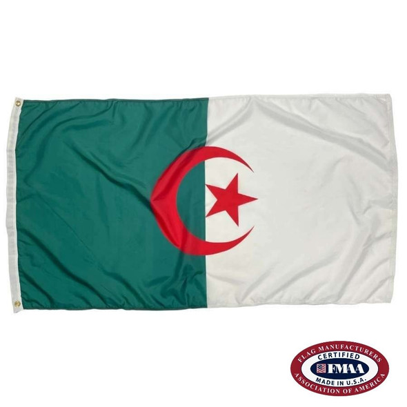 The flag of Algeria is a vertical bicolor of green and white with a red crescent encircling a red five-pointed star in the center. FMAA Certified Made in America seal.