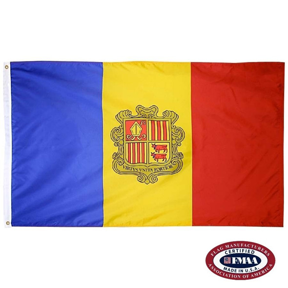 The Andorra flag is a blue, yellow, and red vertical tricolor with the national coat of arms in the center. FMAA Certified Made in America seal.