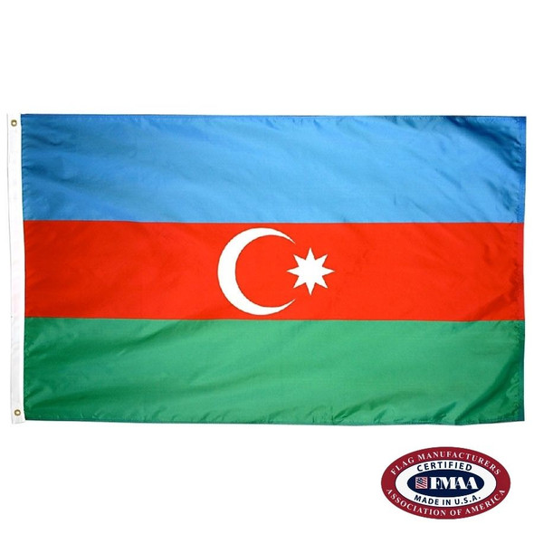The Azerbaijan flag is a horizontal blue, red, and green tricolor. In the center is a white crescent moon facing right and an 8-pointed star. FMAA Certified Made in America seal.
