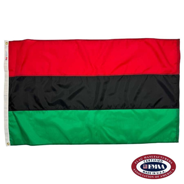 The Pan-African flag is a horizontal tricolor with red, black, and green stripes. FMAA Certified Made in America seal.