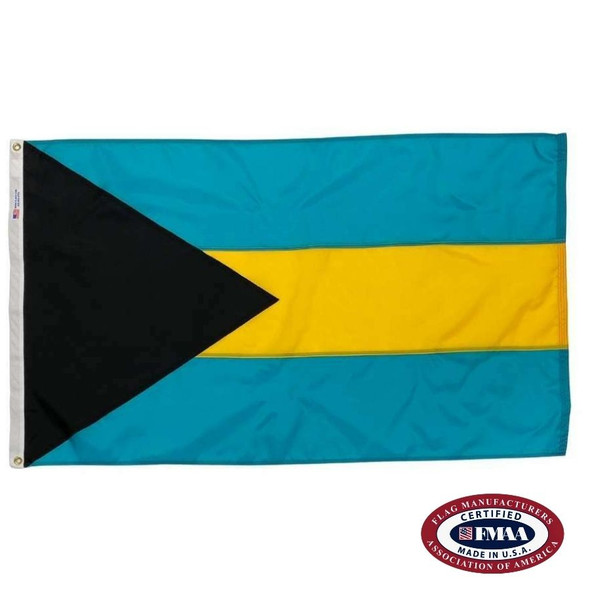 The Bahamas flag has three blue, yellow & blue stripes. On the left is a black triangle pointing right. FMAA Certified Made in America seal.