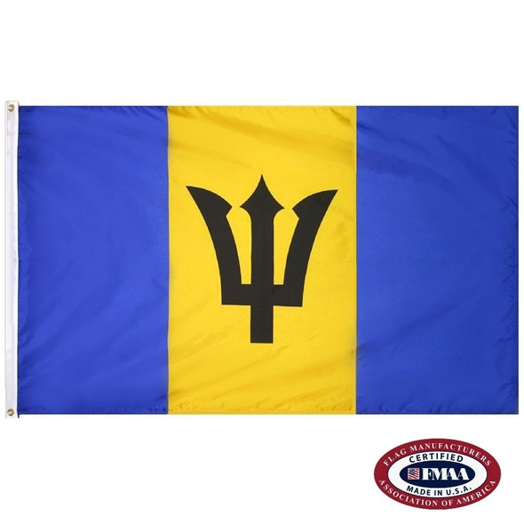 The Barbados flag is a vertical blue, yellow, and blue triband. In the center is the top half of a black trident. FMAA Certified Made in America seal.