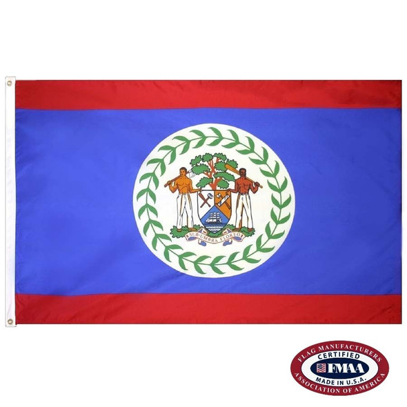 The Belize flag is dark blue with red stripes at the top & bottom. In the center is the national coat of arms, depicting 2 men with a shield. FMAA Certified Made in America seal.