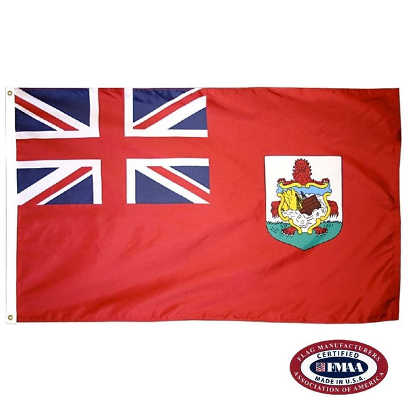 The red Bermuda flag has a Union Jack in the canton and the national coat of arms on the right, depicting a lion and a sinking ship. FMAA Certified Made in America seal.