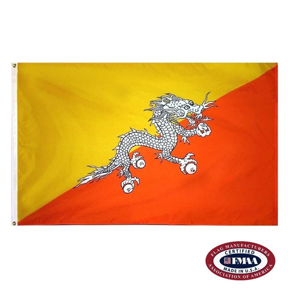 The Bhutan flag has a white dragon in the center, and 2 triangular fields of yellow and orange in the background, separated by a diagonal line. FMAA Certified Made in America seal.