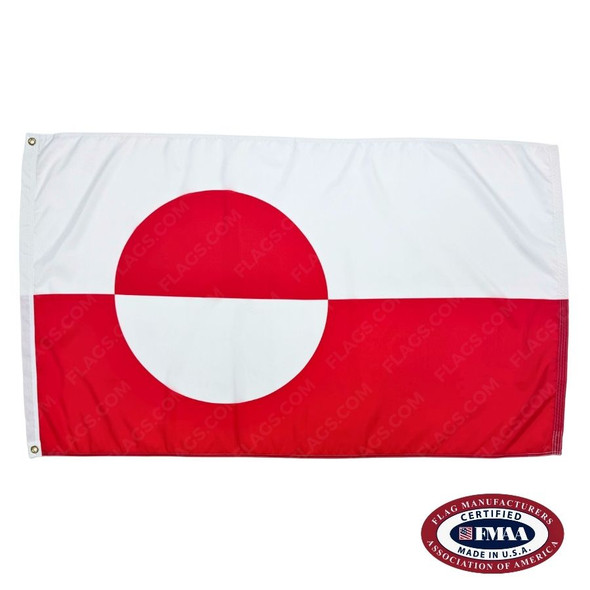 The Greenland flag has 2 horizontal white and red stripes. On the left is a large circle split across the dividing line with the colors inverted. FMAA Certified Made in America seal.
