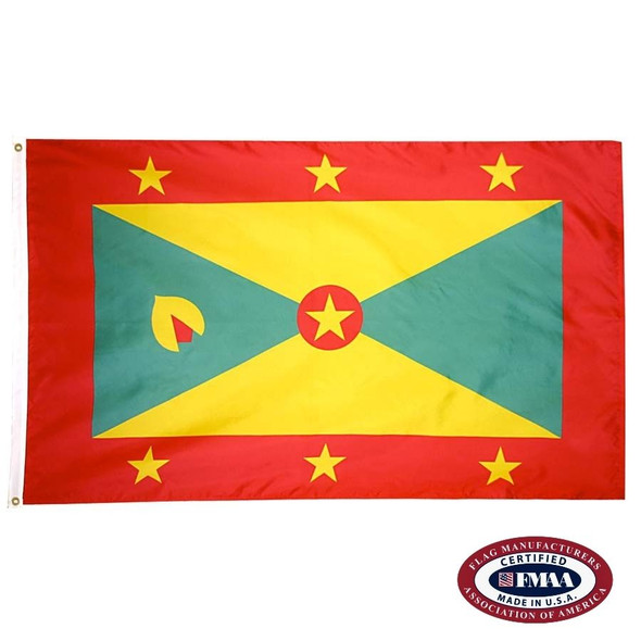 The Grenada flag is a yellow and green triangular design with a thick red outline with 6 yellow stars. In the center is a red circle with a yellow star. FMAA Certified Made in America seal.