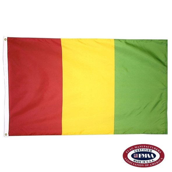 The Guinea flag is a red, yellow, and green tricolor. FMAA Certified Made in America seal.