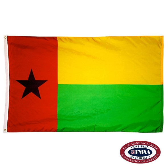The Guinea-Bissau flag has a vertical red stripe with a black star on the left and 2 horizontal yellow and green stripes on the right. FMAA Certified Made in America seal.