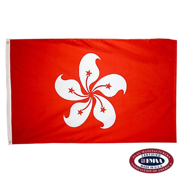 The Hong Kong flag is red with a white, 5-petaled flower from the Hong Kong orchid tree. Inside each petal is a red star. FMAA Certified Made in America seal.