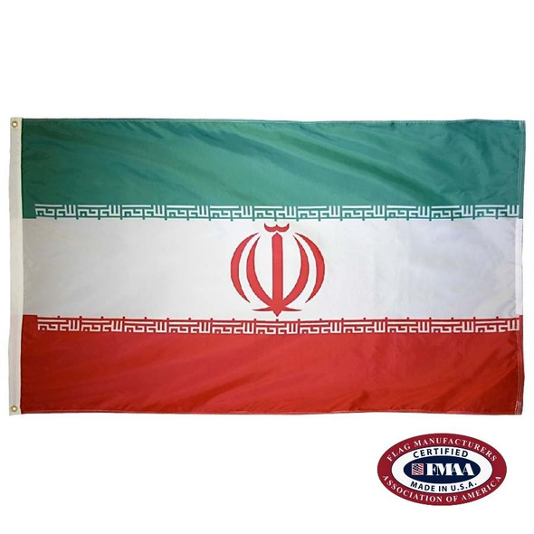 The Iran flag is a horizontal green, white, and red tricolor. Along the stripes’ edges is the Takbir and in the center is the national emblem. FMAA Certified Made in America seal.