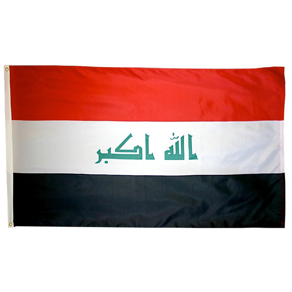 The Iraq flag is a horizontal red, white, and black tricolor. In the center, the Takbir is written in green.