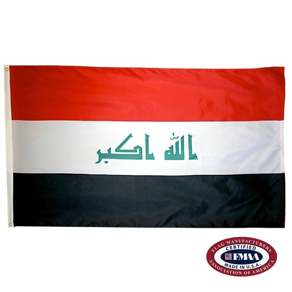The Iraq flag is a horizontal red, white, and black tricolor. In the center, the Takbir is written in green. FMAA Certified Made in America seal.