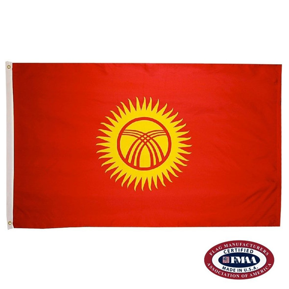 The Kyrgyz flag is red with a yellow sun in the center with 40 rays. 2 groups of 4 lines cross the sun to form a lattice. FMAA Certified Made in America seal.