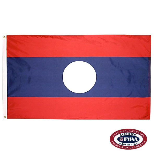 The Laos flag has 3 stripes of red and dark blue. A large white circle is in the center of the thicker dark blue stripe. FMAA Certified Made in America seal.