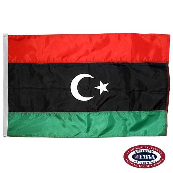 The Libya flag is a horizontal red, black, and green tricolor. A white crescent and star is in the center of the wider black stripe. FMAA Certified Made in America seal.