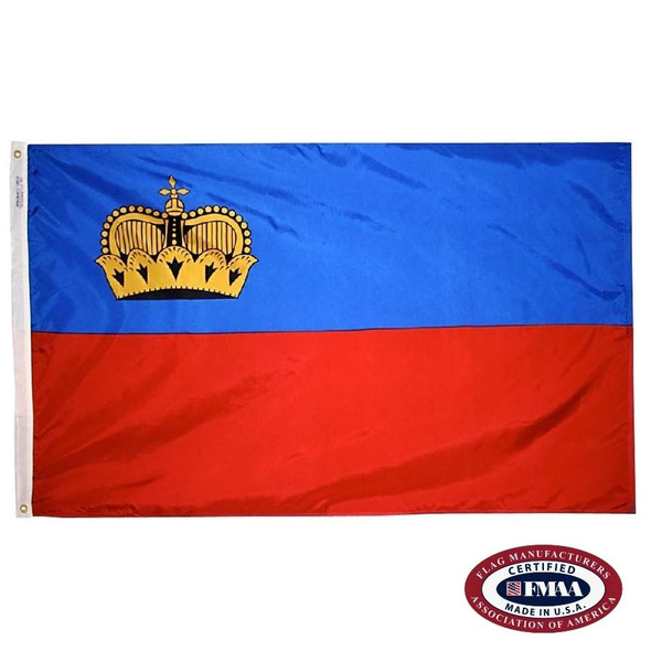 The Liechtenstein flag has 2 horizontal blue and red stripes. In the upper left is a gold crown. FMAA Certified Made in America seal.