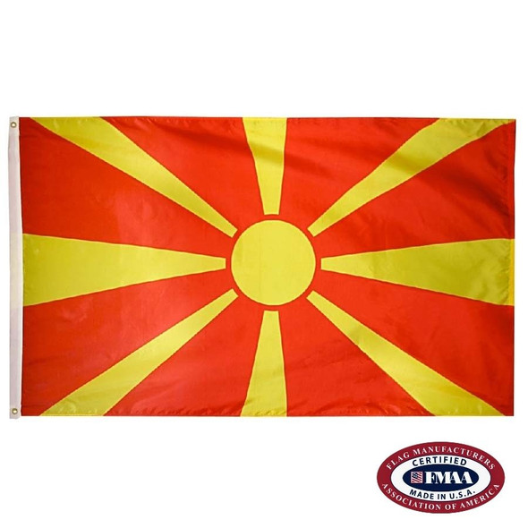 The Macedonia flag is red with a yellow sun in the center with 8 long rays stretching to the flag’s edges. FMAA Certified Made in America seal.