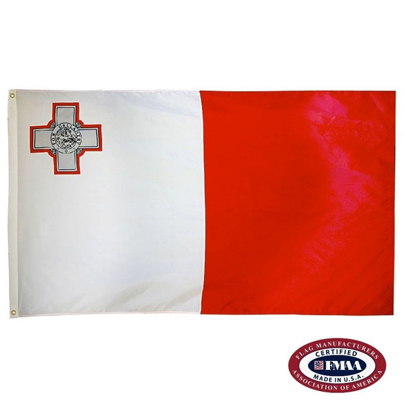 The Malta flag is a vertical white and red bicolor. In the upper left corner is the George Cross, outlined in red. FMAA Certified Made in America seal.